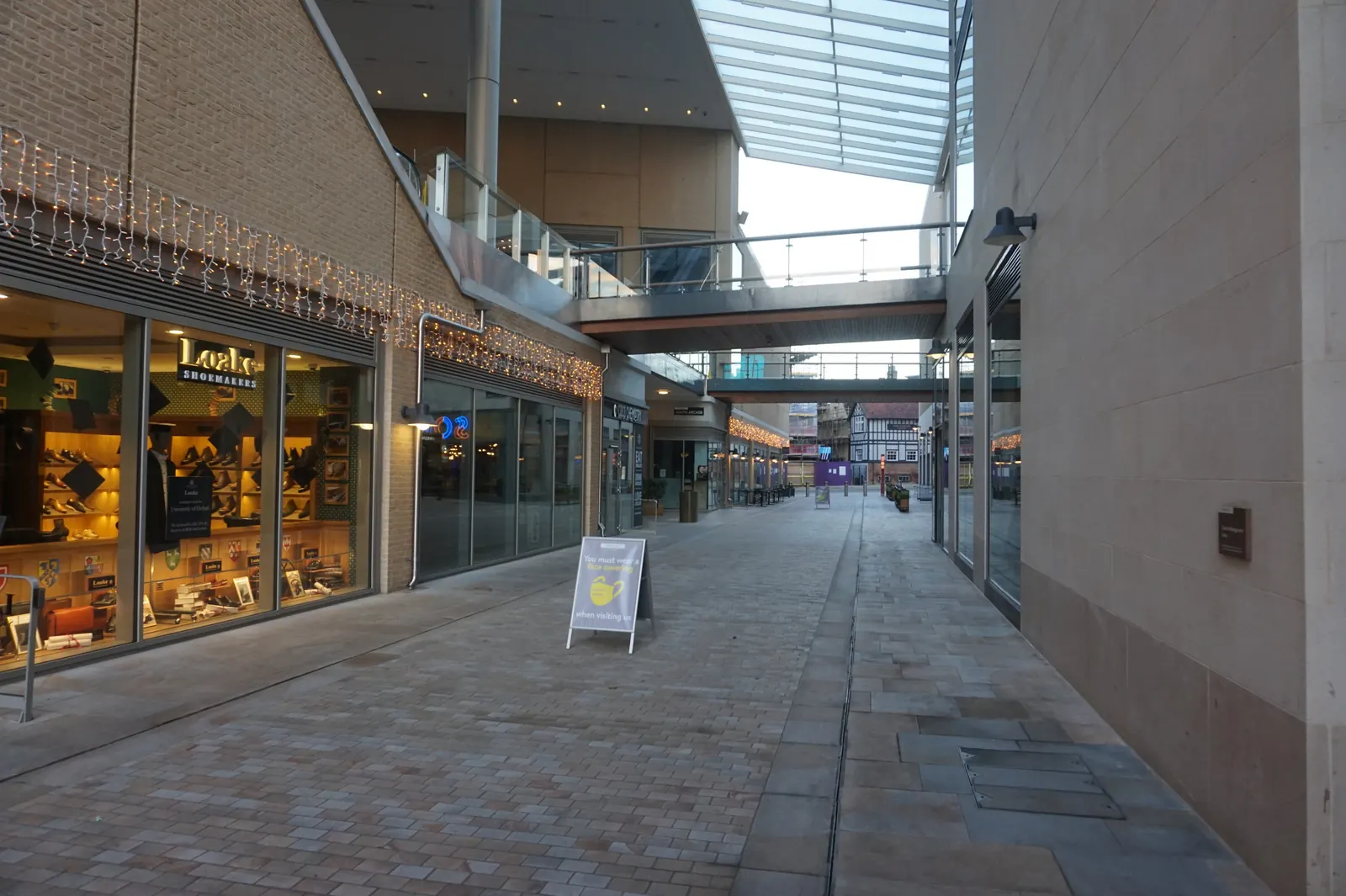 Shops along a covered street in the Westgate Centre, Oxford